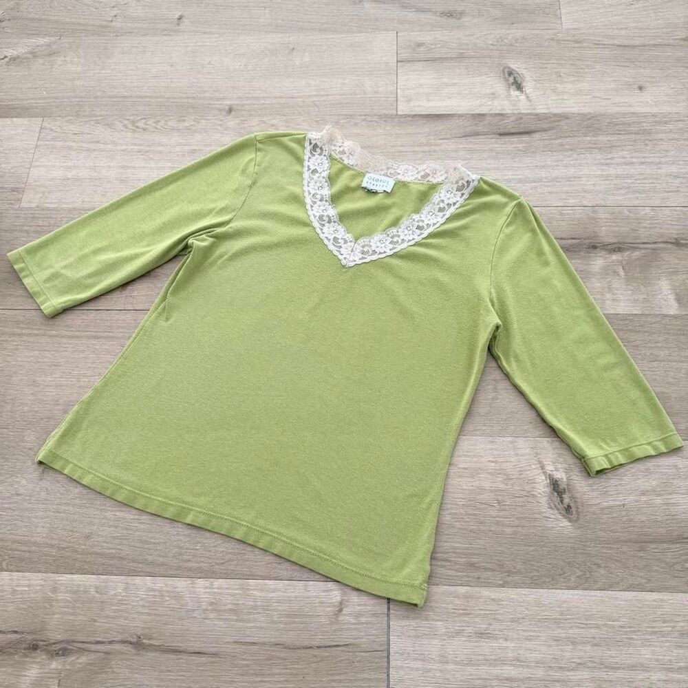 George Y2K Womens Small Green & Cream Lace 3/4 Sleeve Tee Shirt Vintage Coquette